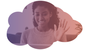 The image shows a Black woman with black curly hair, sitting on the couch, smiling and waving at a laptop screen. The image has a purple and orange hue on top of it.