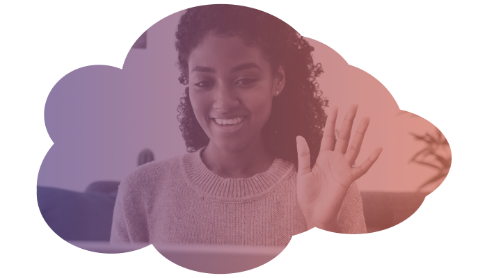 The image shows a Black woman with black curly hair, sitting on the couch, smiling and waving at a laptop screen. The image has a purple and orange hue on top of it.