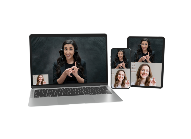 Over a white background is a laptop, tablet, and cell phone. The laptop shows an image of a woman with black hair, in a black blazer, shirt and black background, signing and smiling. In the left corner of the laptop screen is a woman with brown hair, smiling and signing as well. On the tablet and cell phone is the same image of the two women.