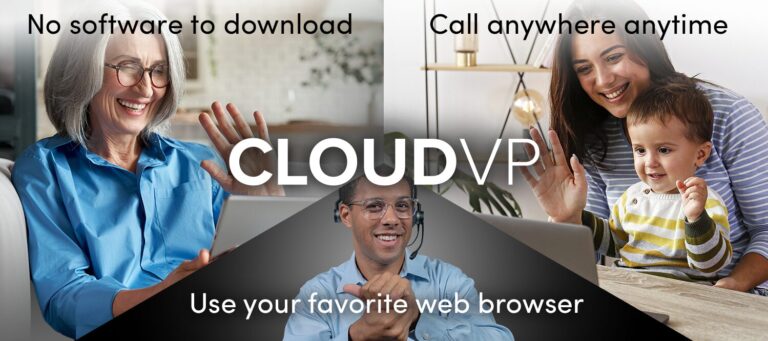 The image has three images next to each other. To the left is an image of a woman with grey hair, wearing a blue shirt, sitting on a couch, smiling and waving at her laptop screen. Text above the image reads “No software to download”. The middle image is of a man with black hair, wearing a blue long sleeve button-up shirt, smiling and signing in ASL. The text over the image reads “Use your favorite web browser”. To the right is an image of a woman and a young boy, smiling and waving at a laptop screen. The text over the image reads “Call anywhere anytime”. In the center of the image is the text “CLOUDVP”.